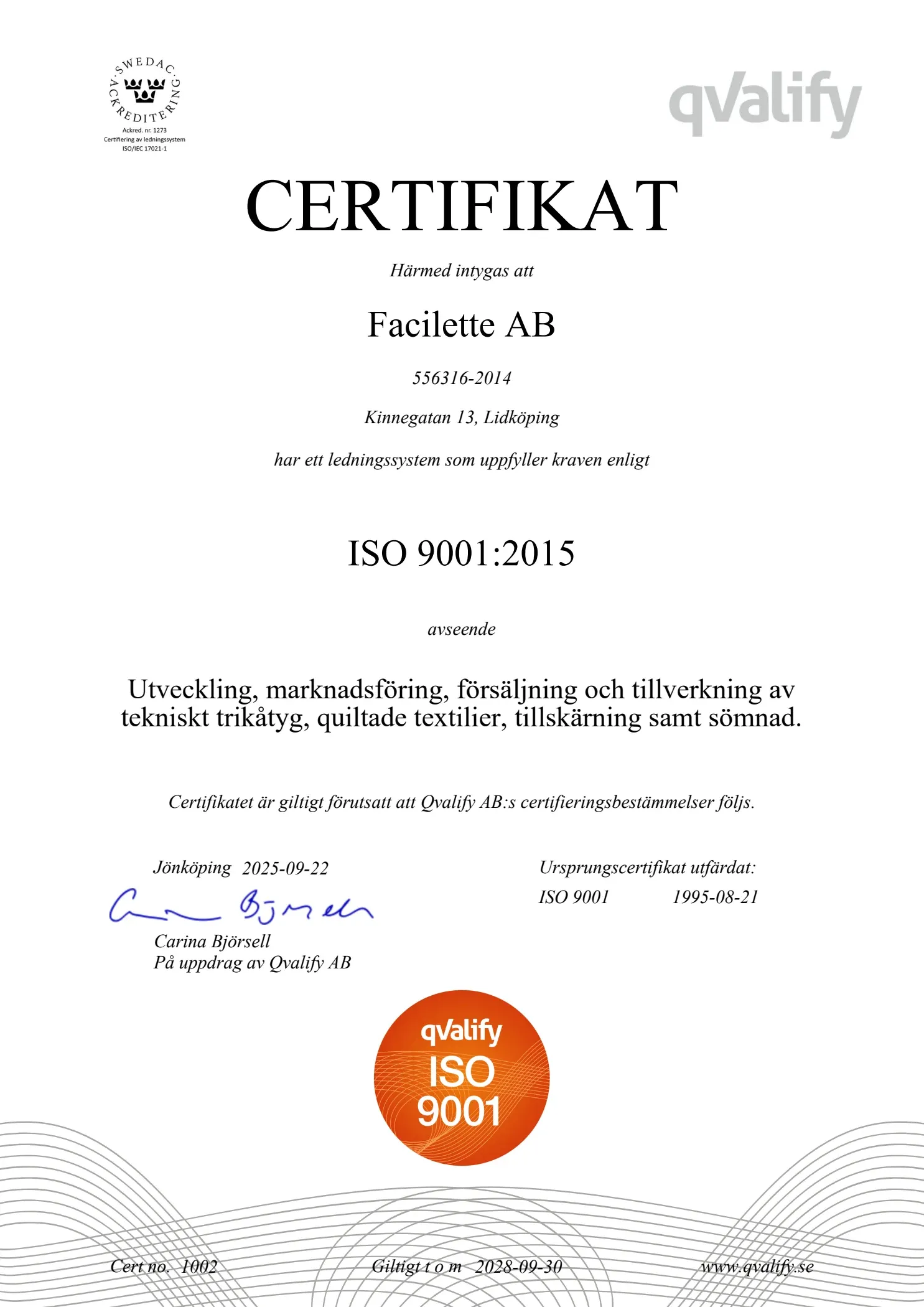 ISO 9001-certifikatet för Facilette AB, utfärdat av Qvalify